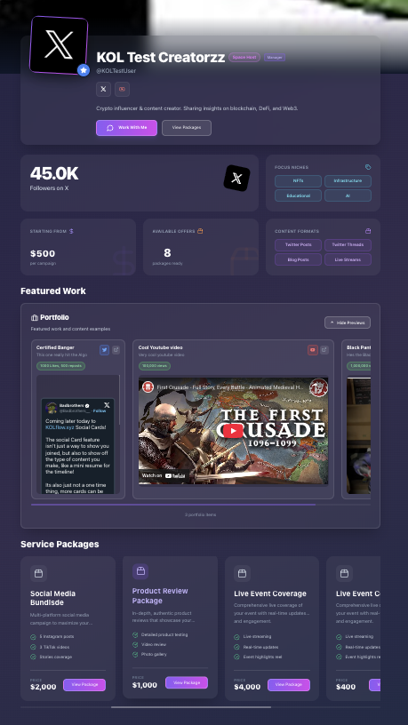 Creator profile with packages and deals